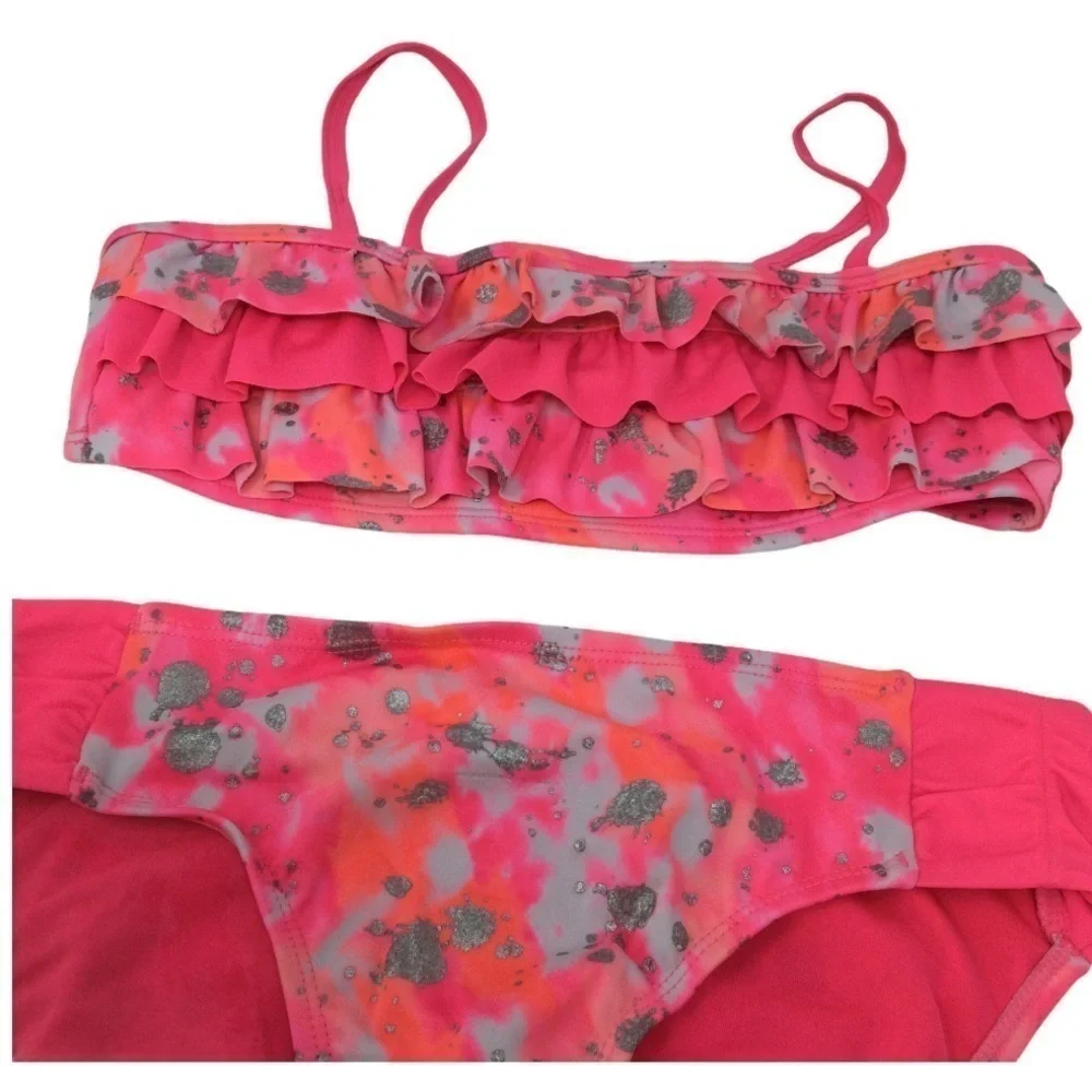 #025 Justice ruffle‎ pink& silver sparkly bikini Swimsuit